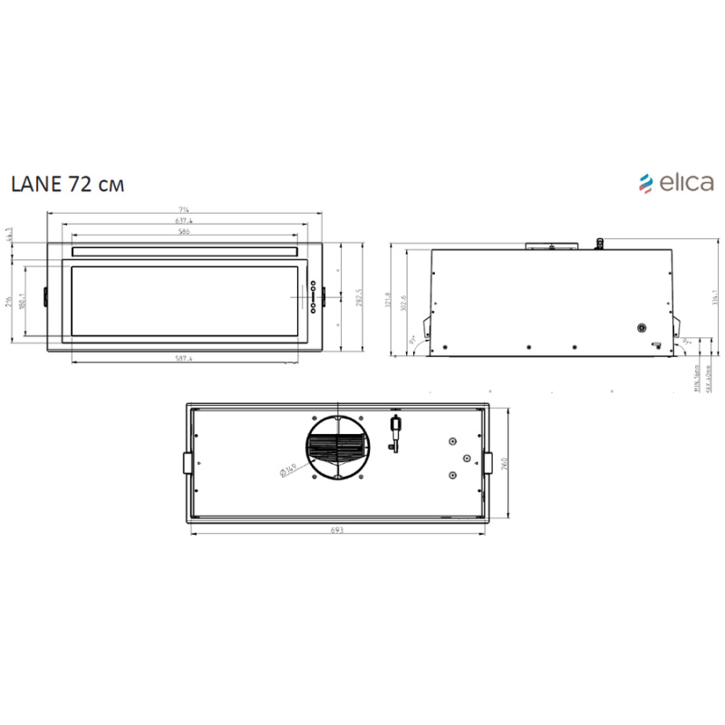 Elica Lane WH/F/72 - Zabudovateľný digestor 52 cm - Nákres