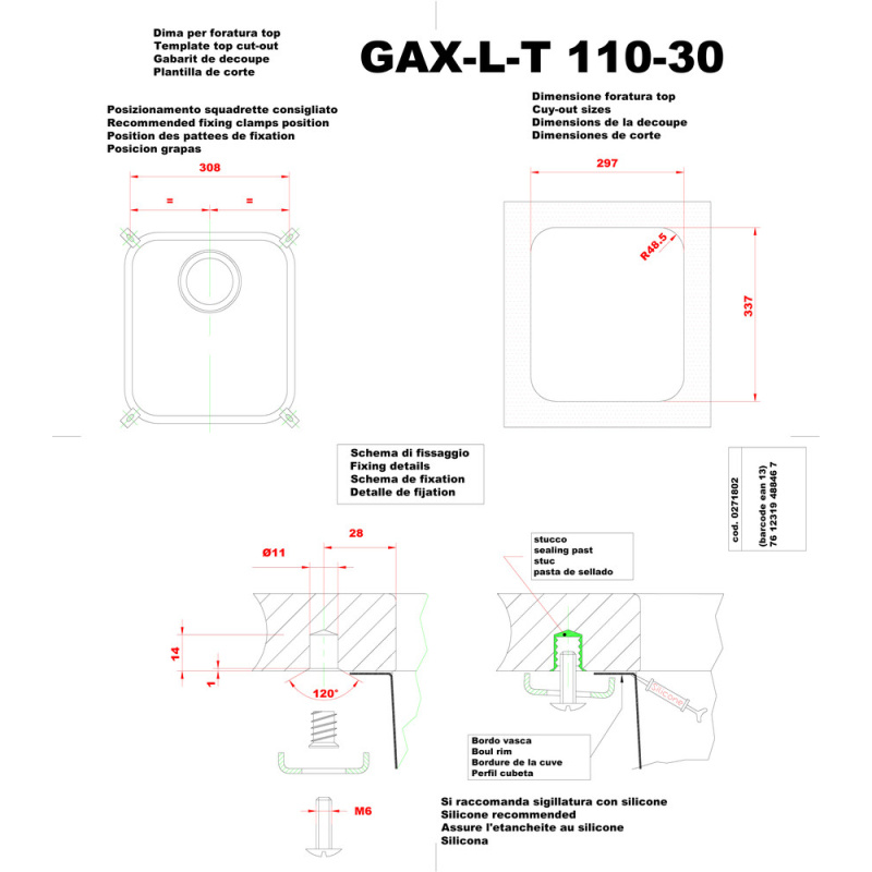 Franke Galassia GAX 110-30 - Technický obrázok drezu